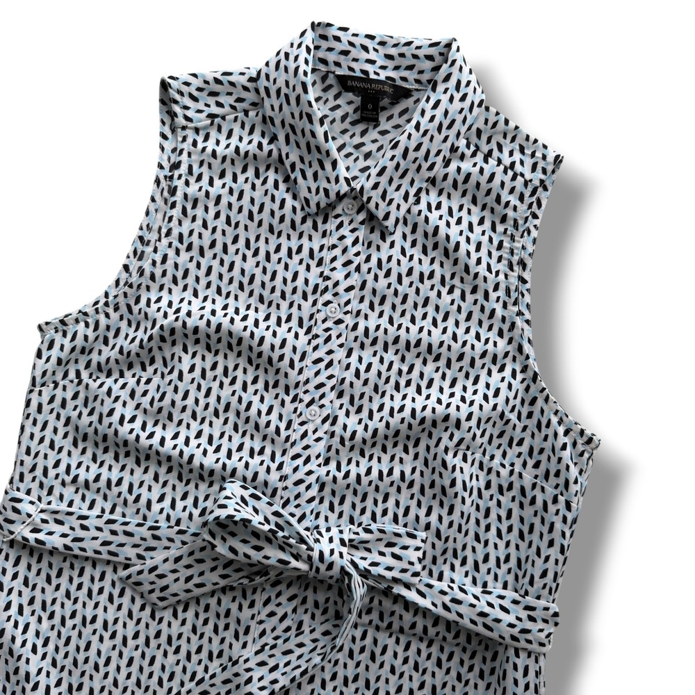 Banana Republic 0 White Black Teal Windowpane Belt‎ Collar Sleeveless Midi Dress